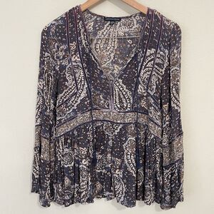 American Eagle Y2K Boho Hippie Top Sz S Peasant Babydoll Blouse Velvet Trim
